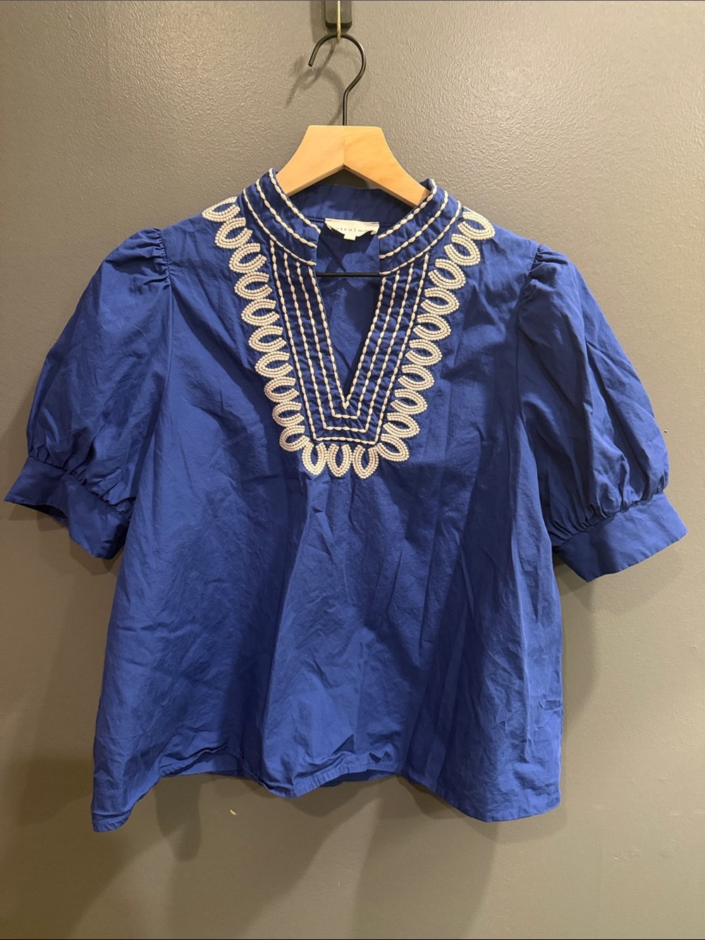entro Cobalt Blue Puff-Sleeve Embroidered Peasant Blouse